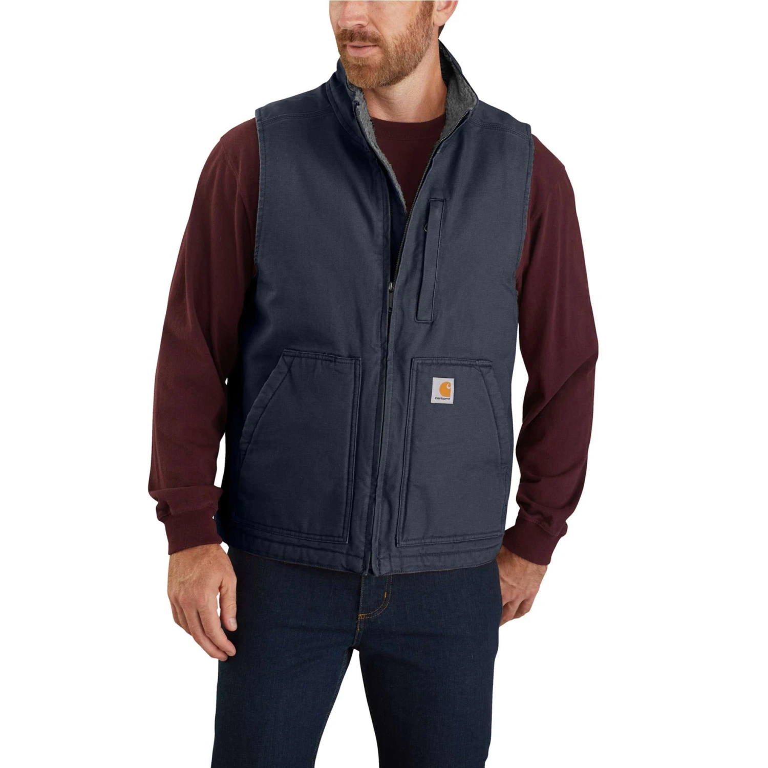 Carhartt Vest: Men's 104277 I26 Navy Washed Duck Sherpa Lined Mock Vest - Image 2