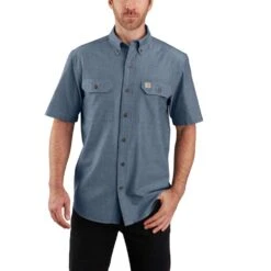 Carhartt Shirt: Men's 104369 499 Denim Blue Chambray Midweight Short Sleeve Button Down Shirt
