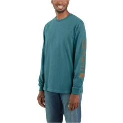 Carhartt Shirts: Men's K231 H24 Blue Spruce Heather Cotton Long Sleeve Logo Shirt